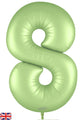 A shiny, light green 34" number 8 foil balloon by Oaktree in a satin pastel pistachio color, featuring a small British flag in the bottom left corner.
