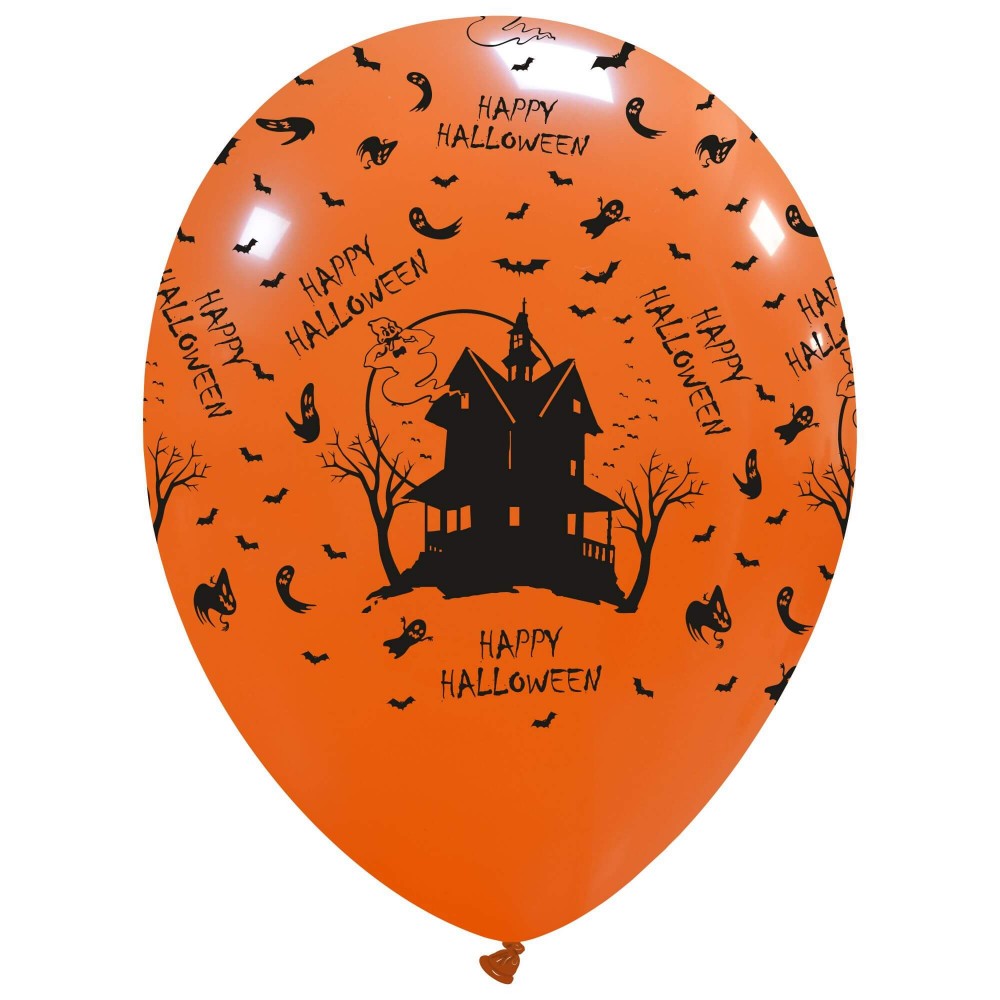 Uninflated 12 Inches Haunted House Orange with Black Print All Around (25 Per Bag) Cattex Brand Latex Balloons Manufacturered By Cattex