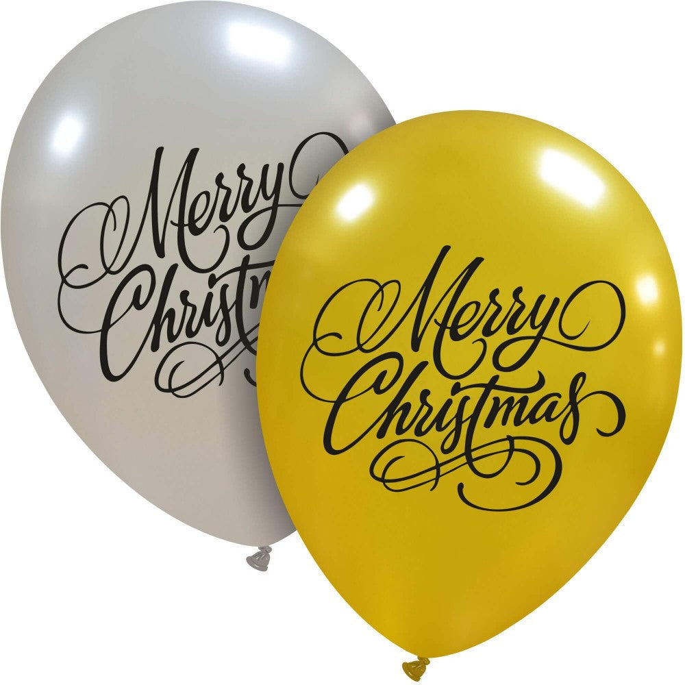 Uninflated 12 Inches Merry Christmas Elegant 2 Sided (25 Per Bag) Cattex Brand Latex Balloons Manufacturered By Cattex