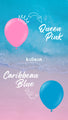 Two heart-shaped balloons float above a beach scene: a pink “12\” Kalisan Latex Heart Balloon Standard Queen Pink“ with a crown, and a blue “Caribbean Blue” balloon. The background features ocean and sand, with stylized text and arrows indicating each balloon. Brand: Kalisan.