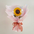 A single sunflower is elegantly displayed in a BB-Custom 8" Wide Neck BOBO Balloon (pre-stretched, 5 pack, requires heat sealing), wrapped in light pink paper with a pink ribbon—perfect for gifting.