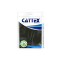 A sealed package labeled “Cattex,” featuring a blue and white design with a green stamp indicating 100% natural latex, contains partially visible black 18″ Cattex Brand Premium Petrol Latex Balloons (25 per bag).