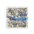 Un envase de plástico transparente que contiene 100 globos de látex sin inflar de la marca Cattex, modelo «Titanium» (cromo/espejo) «Royal Pearl», de 5″, en el que aparece el nombre «Cattex» en letras azules junto a un logotipo de un corazón de colores en el lado izquierdo del envase.
