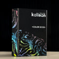 La cartera negra 2026 Kalisan Latex Balloons Black Color Book Portfolio de Kalisan se encuentra en posición vertical sobre una superficie blanca, con coloridos motivos abstractos arremolinados a lo largo del lomo y la parte inferior de la portada.