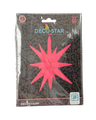El globo Decochamp de 22" «Airfill Only» en color rosa neón y rojo, con diseño «Deco Starburst», presenta un diseño en forma de estrella con puntas, perfecto para la decoración de fiestas. Sobre un fondo negro con garabatos, incluye un código QR para mayor comodidad.