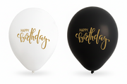 Two balloons, one white and one black, with 'Happy Birthday' text in gold on a white background.