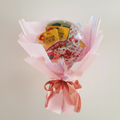 A bouquet of snacks with colorful Chinese labels in pink cellophane and ribbon, paired with BB-Custom's 8" Wide Neck BOBO Balloon Pre Stretched 5 pack—just heat seal for a festive touch!.