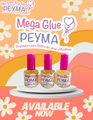 Three bottles of Mega Shine Glue 15ml by Novedades Peyma are displayed on a round platform against a vibrant, floral background. Perfect for balloon decorations, the text reads: AVAILABLE NOW.