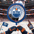 En un estadio de hockey repleto, los aficionados de los Edmonton Oilers animan mientras cae confeti y flota un globo de Mylar de 18" NHL Hockey Edmonton Oilers de Anagram CD. Una bandera de los Oilers y un dedo de espuma se suman a la escena festiva.