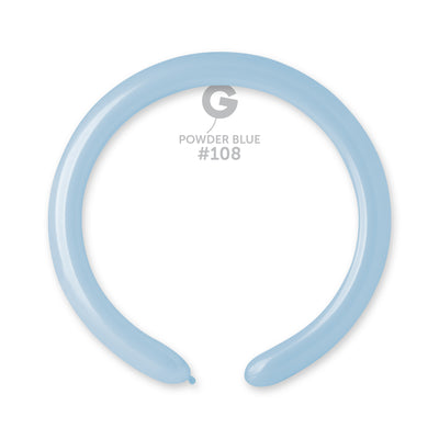 A light blue, sausage-shaped balloon is twisted into an open circle on a white background. Above it, text reads 260G Gemar Latex Balloons (Bag of 50) Modelling/Twisting Marshmallow Powder Blue.