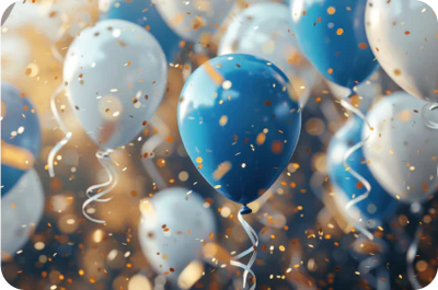 Blue and white latex balloons with streamers and gold confetti