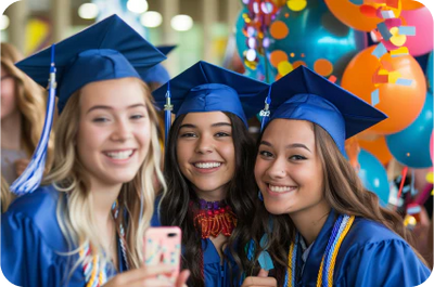 Three smiling women wearing blue graduation outfits