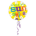 The 21" Sending You Sunshine Balloon by Anagram CD is a round yellow foil balloon with white rays, colorful "Sending you sunshine" text, and a purple ribbon attached at the bottom.