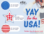 Una imagen promocional de Tuftex muestra el globo de papel de 18" Circle USA Patriotic Stripes, una mujer con gafas de sol y un texto festivo: ¡Yay for the USA! Celebra el 250 aniversario de Estados Unidos con nuestra decoración patriótica y nuestros globos imprescindibles.