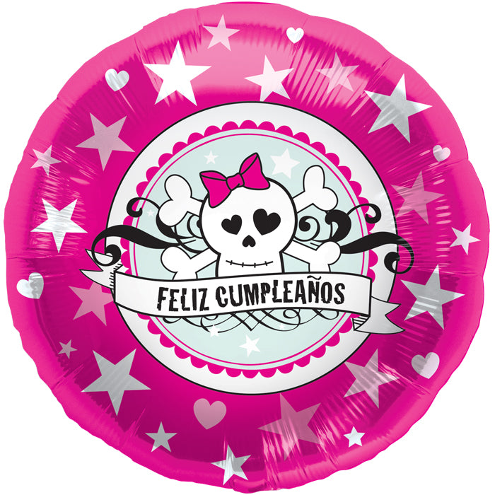 18" Foil Balloon Feliz Cumpleaños Skully Pink (Spanish)