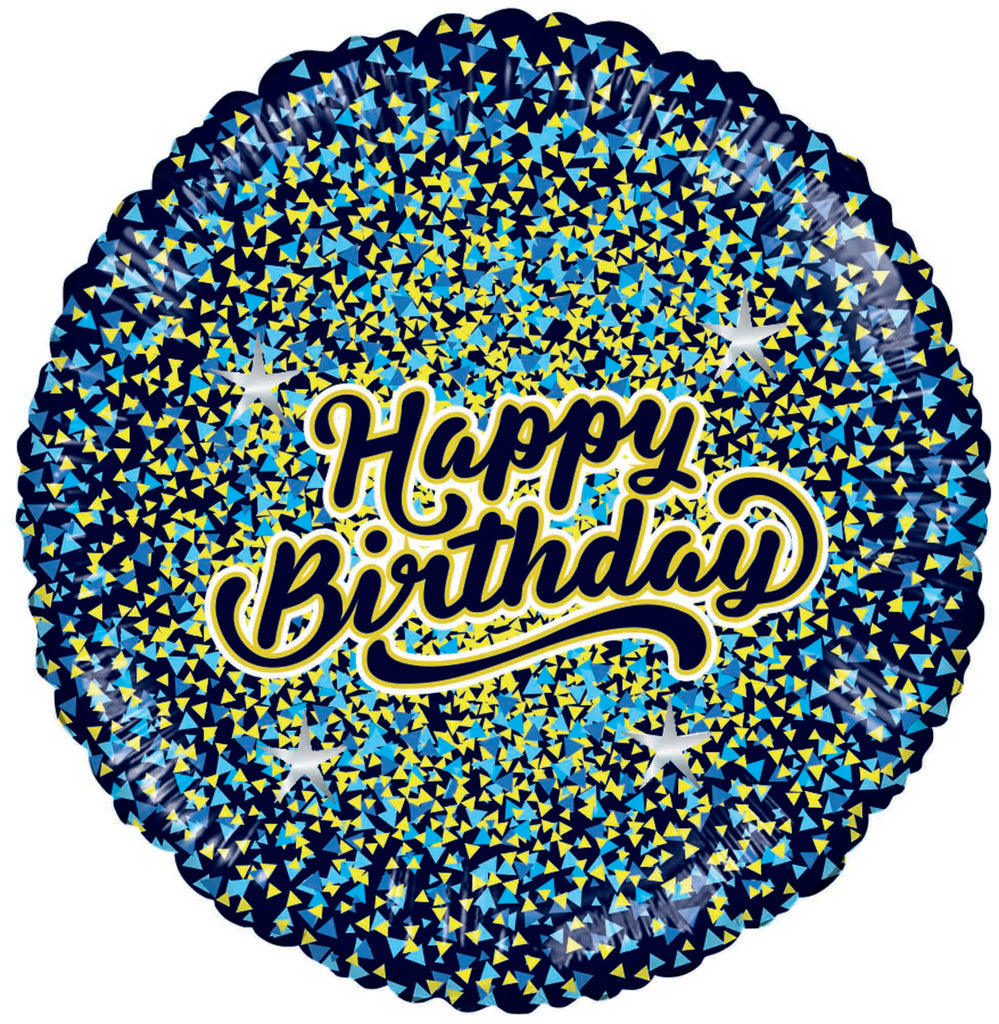 18" Happy Birthday Glitter Gold/Blue Black Foil Balloon