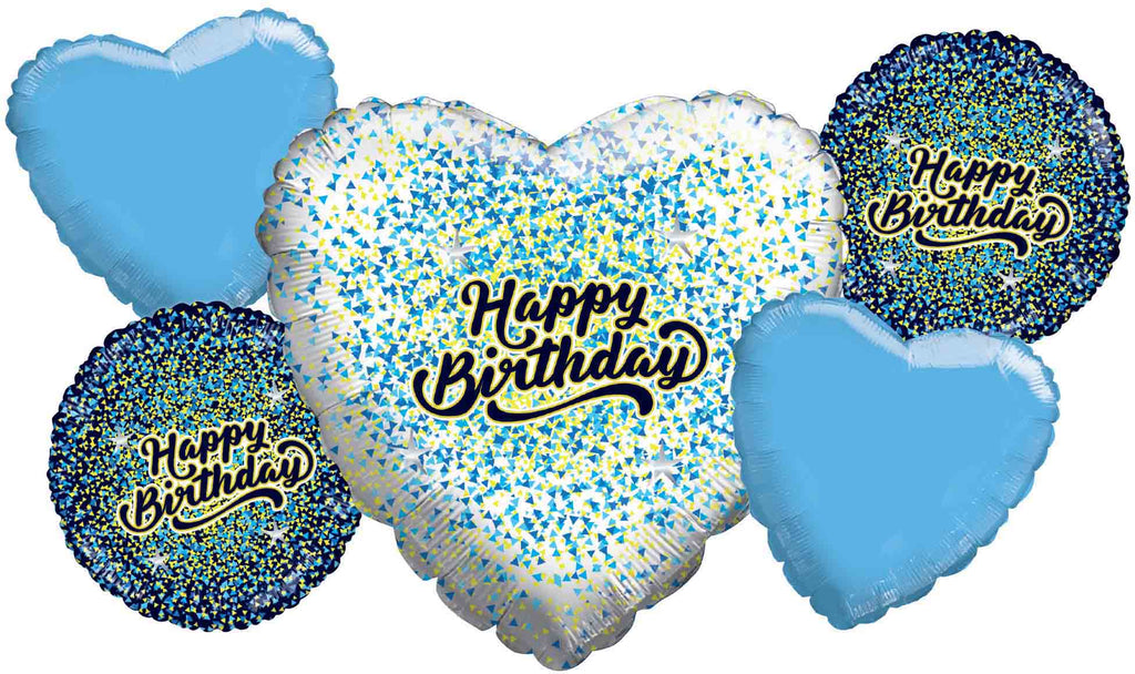 Bouquet 5pc Happy Birthday White Gold/Blue Foil Balloon