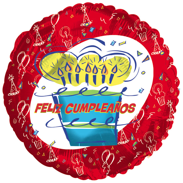 18" Feliz Cumpleanos Red Cake Balloon (Spanish)