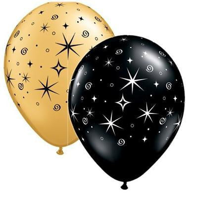 11" Sparkles & Swirls Gold & Onyx Black (50 Per Bag) Latex Balloons