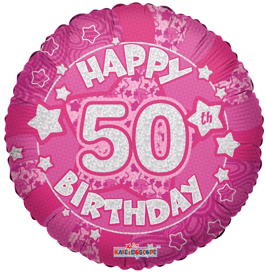 18" Holographic Pink Happy 50th Birthday Balloon