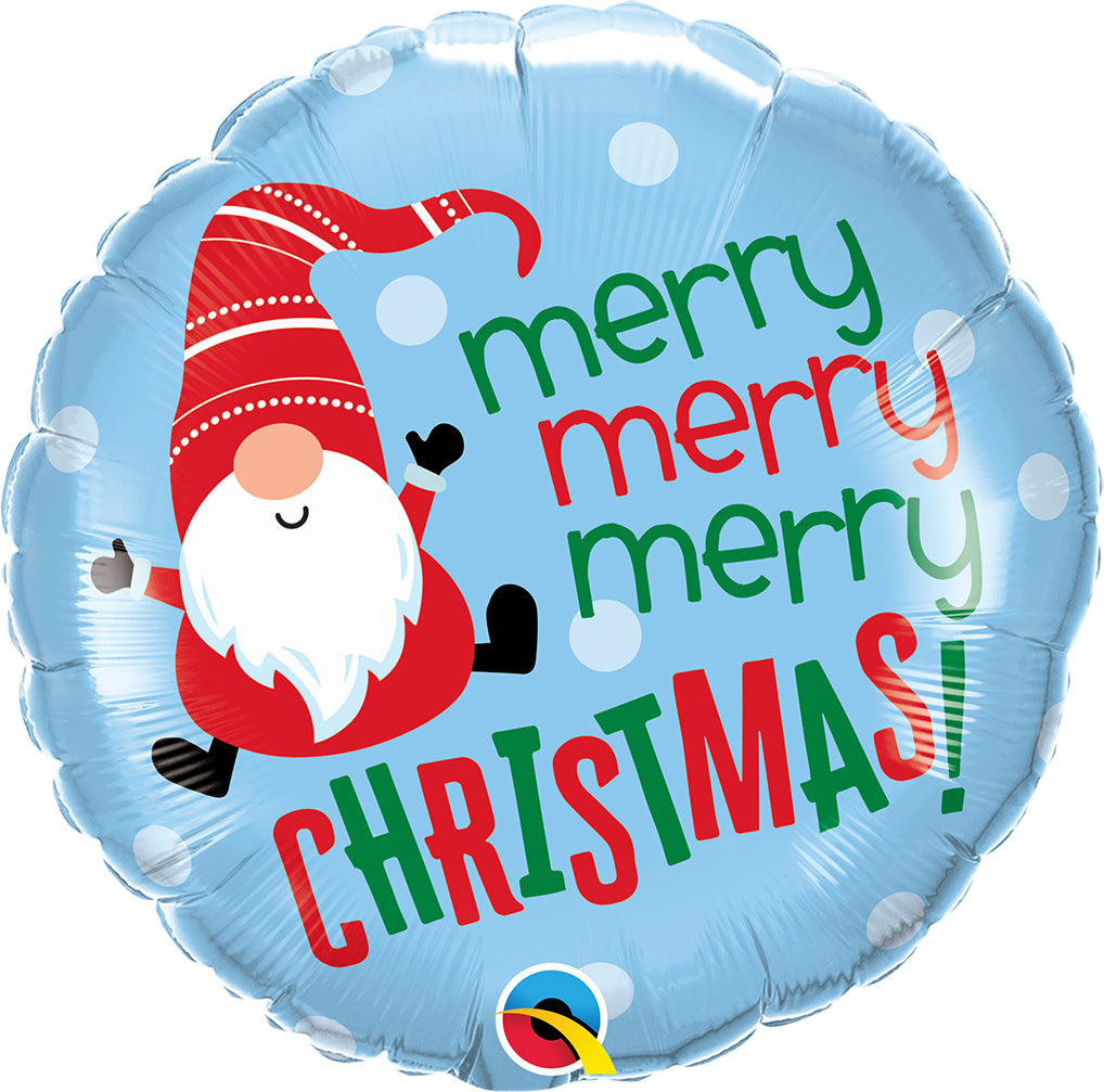 18" Round Merry Christmas Gnome Foil Balloon
