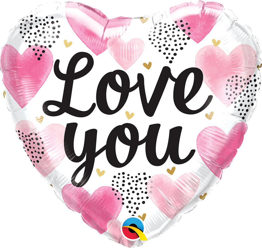 18" Heart Love You Pink Watercolor Hearts Foil Balloon