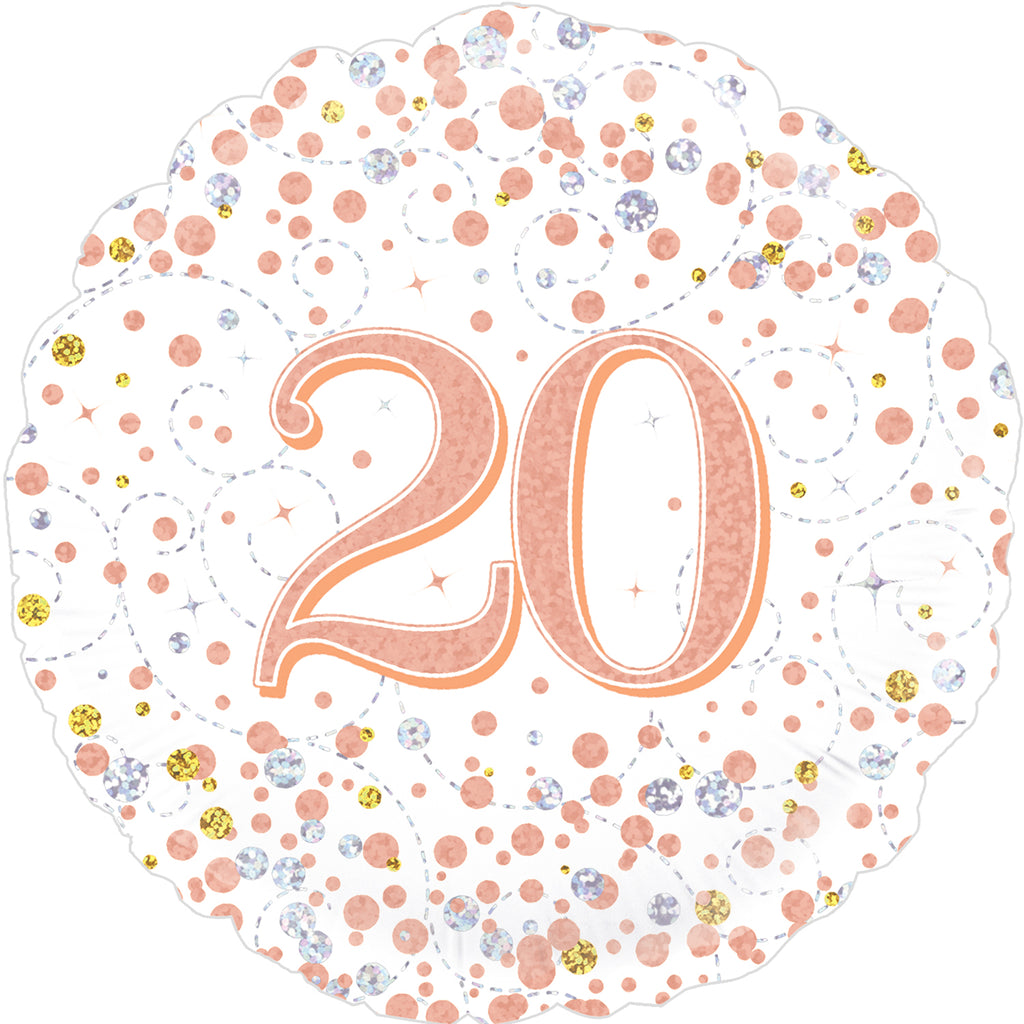 18" 20th Sparkling Fizz Birthday White & Rose Gold Holographic Oaktree Foil Balloon