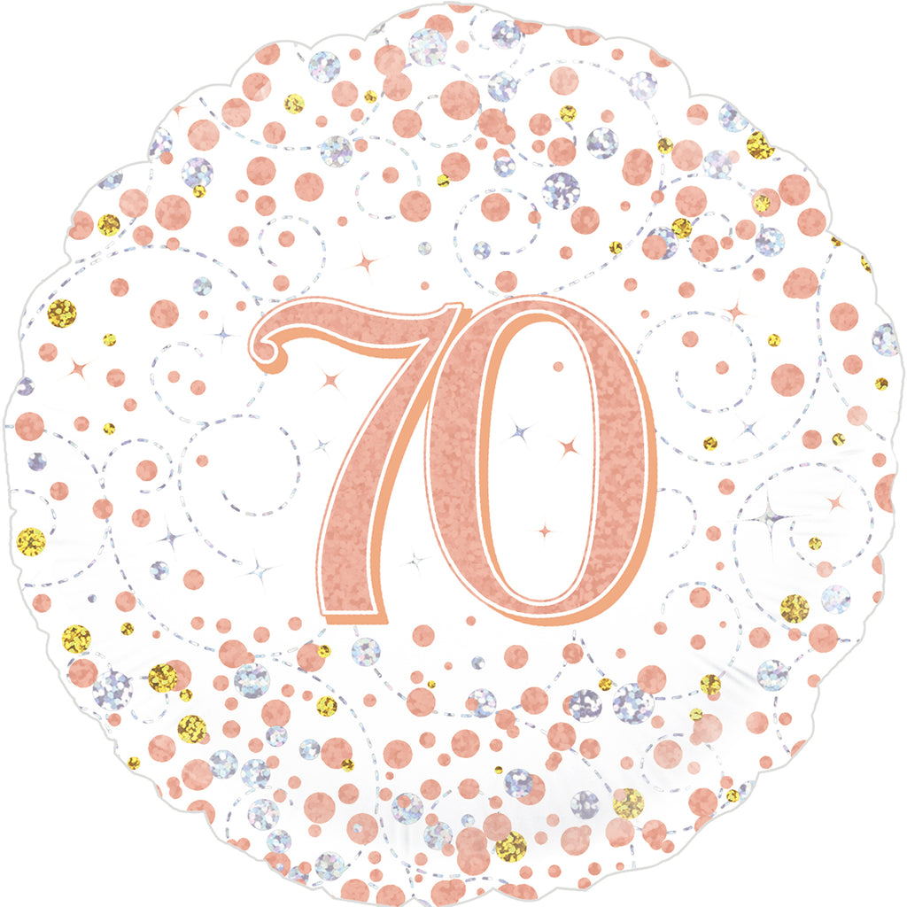 18" 70th Sparkling Fizz Birthday White & Rose Gold Holographic Oaktree Foil Balloon