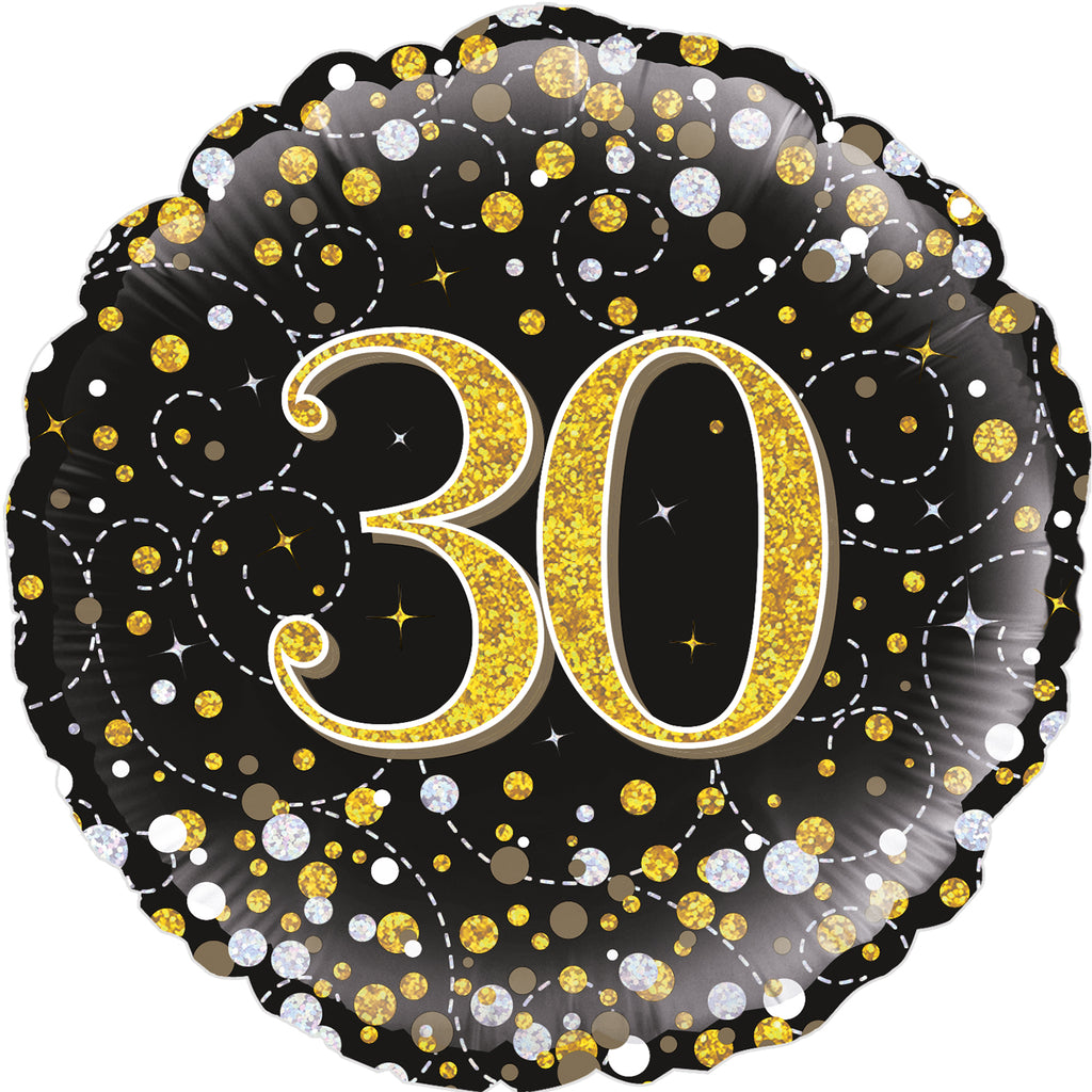 18" 30th Sparkling Fizz Birthday Black & Gold Holographic Oaktree Foil Balloon