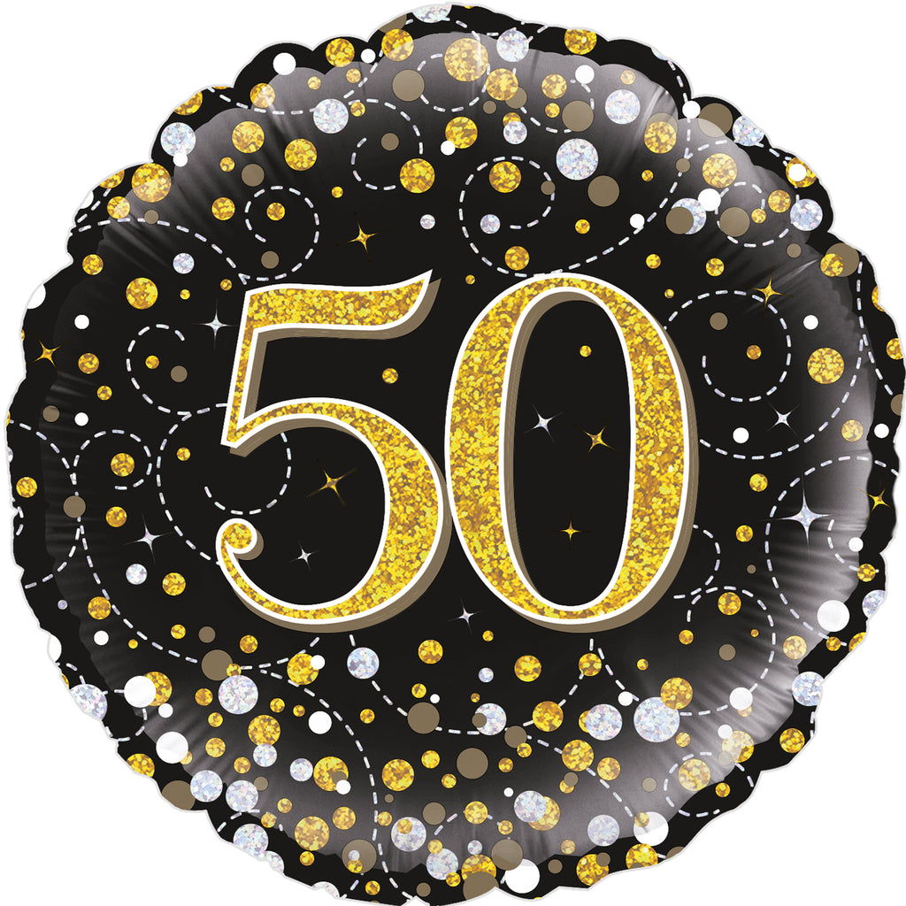 18" 50th Sparkling Fizz Birthday Black & Gold Holographic Oaktree Foil Balloon