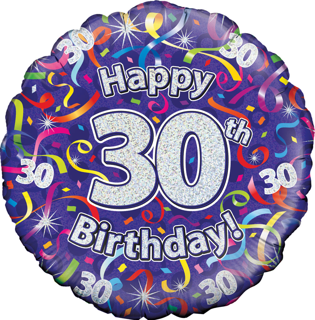 18" 30th Birthday Streamers Holographic Oaktree Foil Balloon