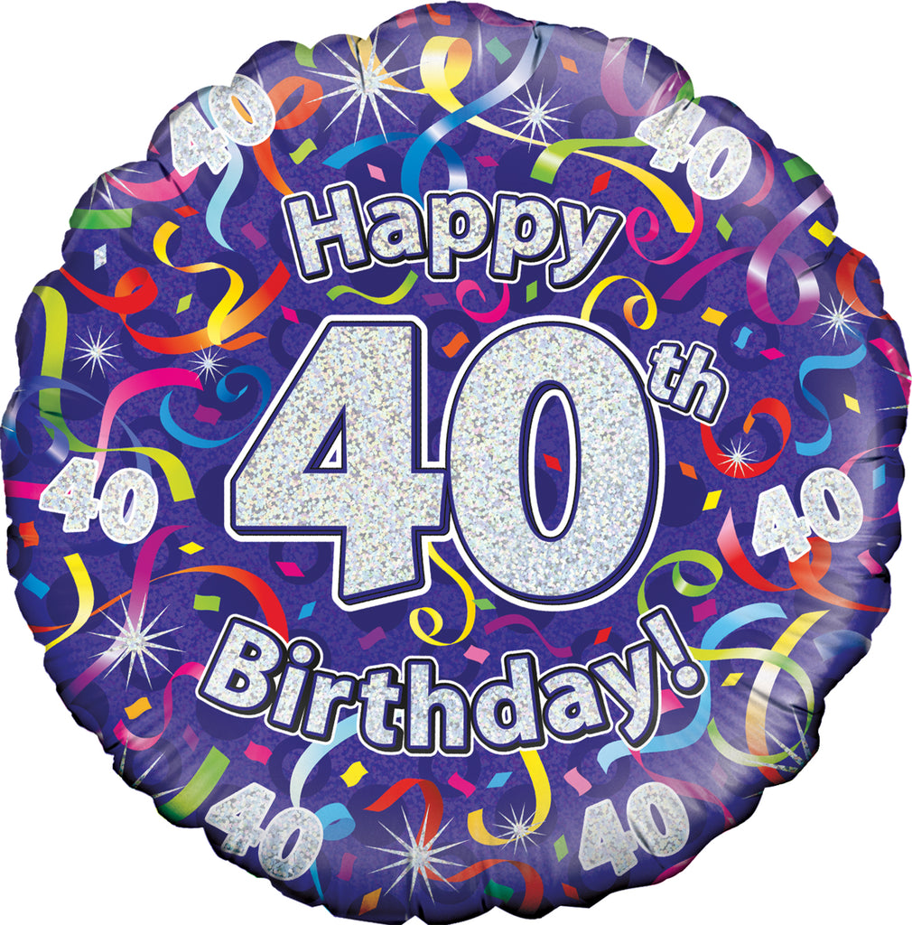 18" 40th Birthday Streamers Holographic Oaktree Foil Balloon
