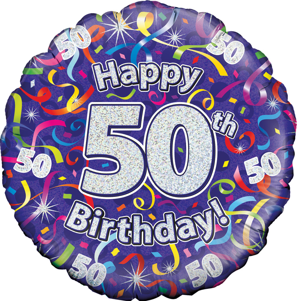 18" 50th Birthday Streamers Holographic Oaktree Foil Balloon