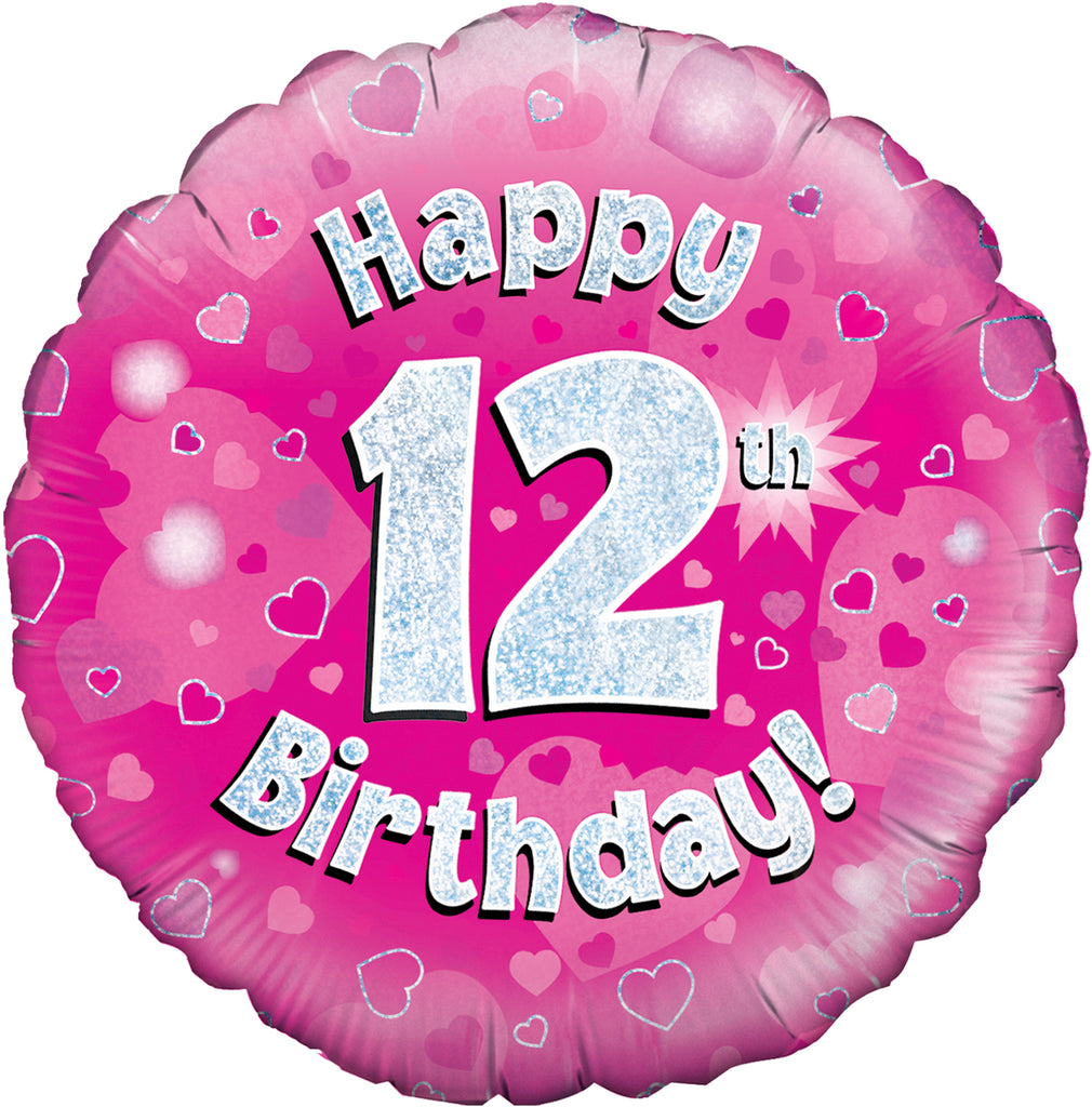 18" Happy 12th Birthday Pink Holographic Oaktree Foil Balloon