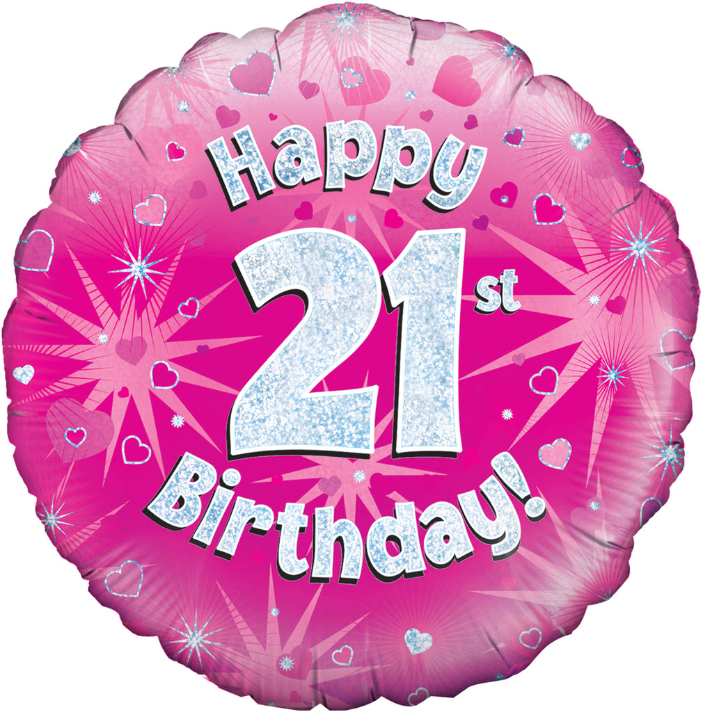 18" Happy 21st Birthday Pink Holographic Oaktree Foil Balloon