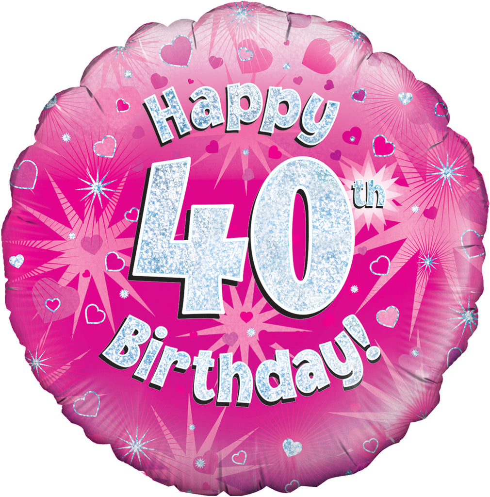 18" Happy 40th Birthday Pink Holographic Oaktree Foil Balloon