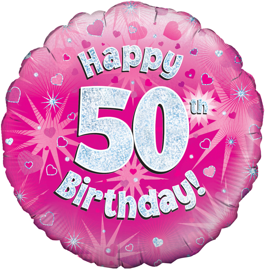 18" Happy 50th Birthday Pink Holographic Oaktree Foil Balloon