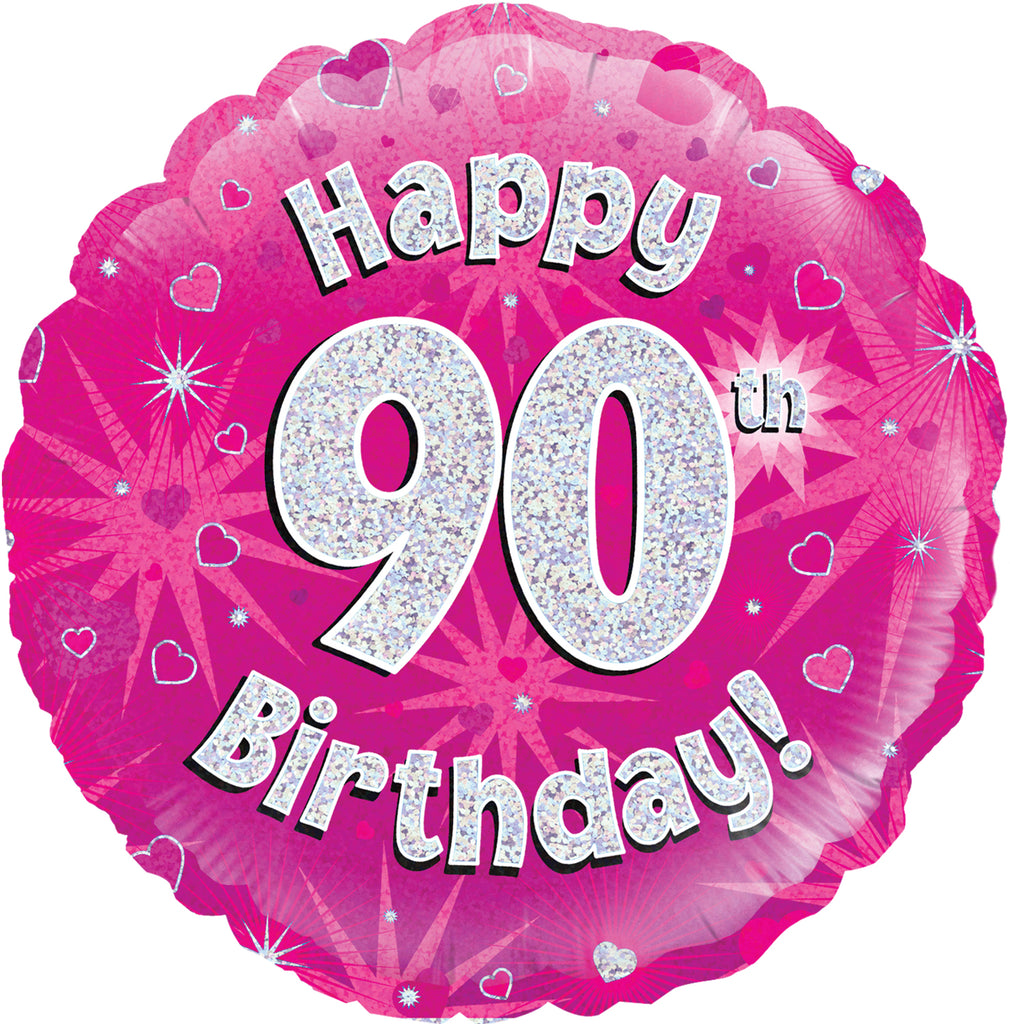 18" Happy 90th Birthday Pink Holographic Oaktree Foil Balloon