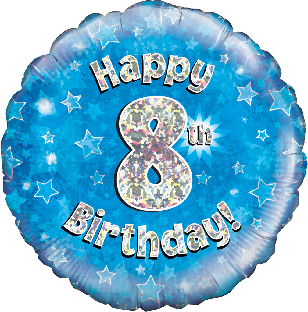 18" Happy 8th Birthday Blue Holographic Oaktree Foil Balloon