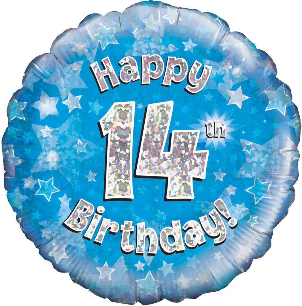 18" Happy 14th Birthday Blue Holographic Oaktree Foil Balloon