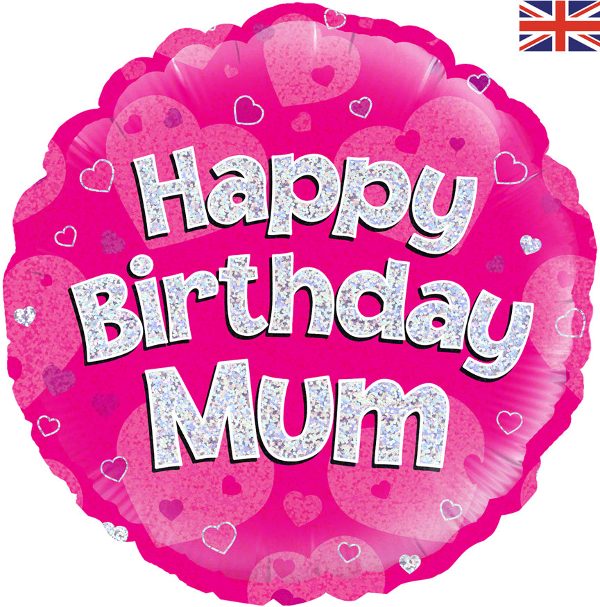 18" Happy Birthday Mum Pink Holographic Oaktree Foil Balloon