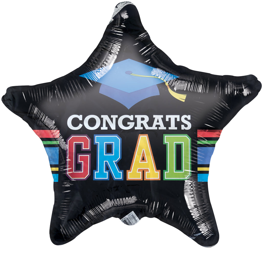 18" Congrats Grad Black/Rainbow Star Foil Balloon