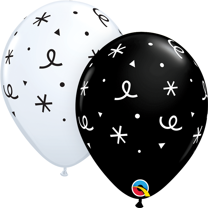 11" 6-Point Stars & Confetti Latex Balloon Black White (50 Per Bag)