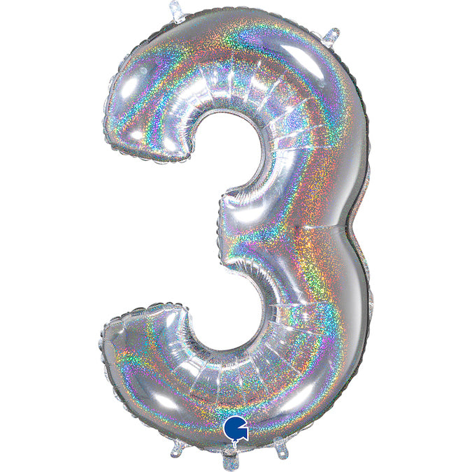 26" Midsize Foil Shape Balloon Number 3 Holographic Silver