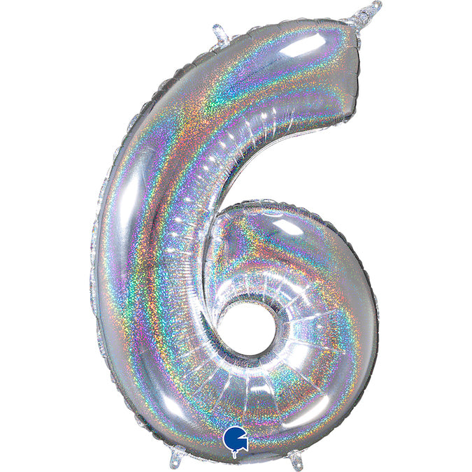 26" Midsize Foil Shape Balloon Number 6 Holographic Silver