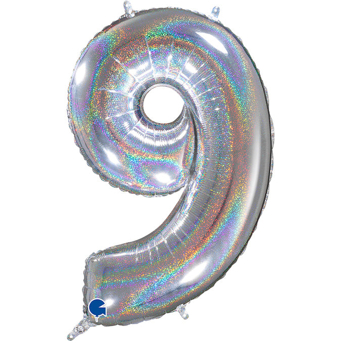 26" Midsize Foil Shape Balloon Number 9 Holographic Silver