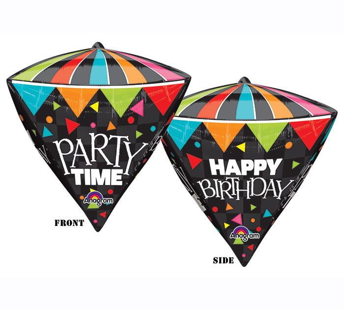 17" x 15" Diamondz 3D Cone Happy Birthday Party Time Black Balloon