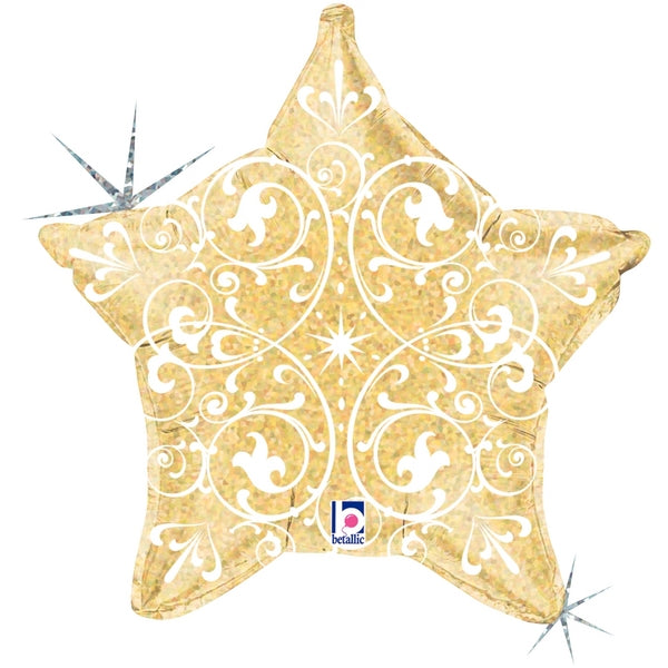 21" Holographic Star-Shaped Balloon Filigree Gold Star