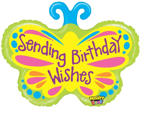 28" Mighty Bright Butterfly Birthday Wishes Balloon