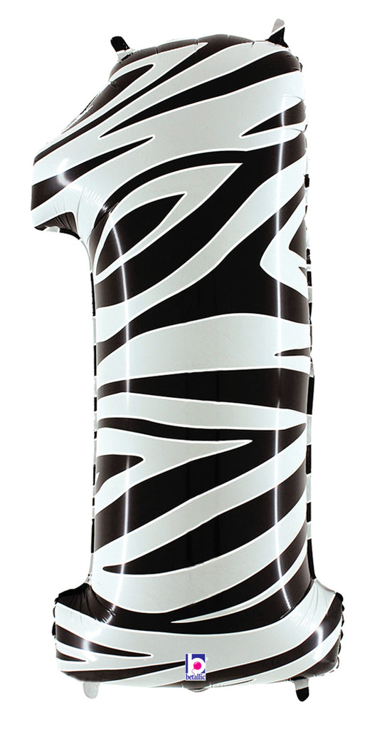 40" Zebra Foil Shape Polybagged Number 1 Balloon